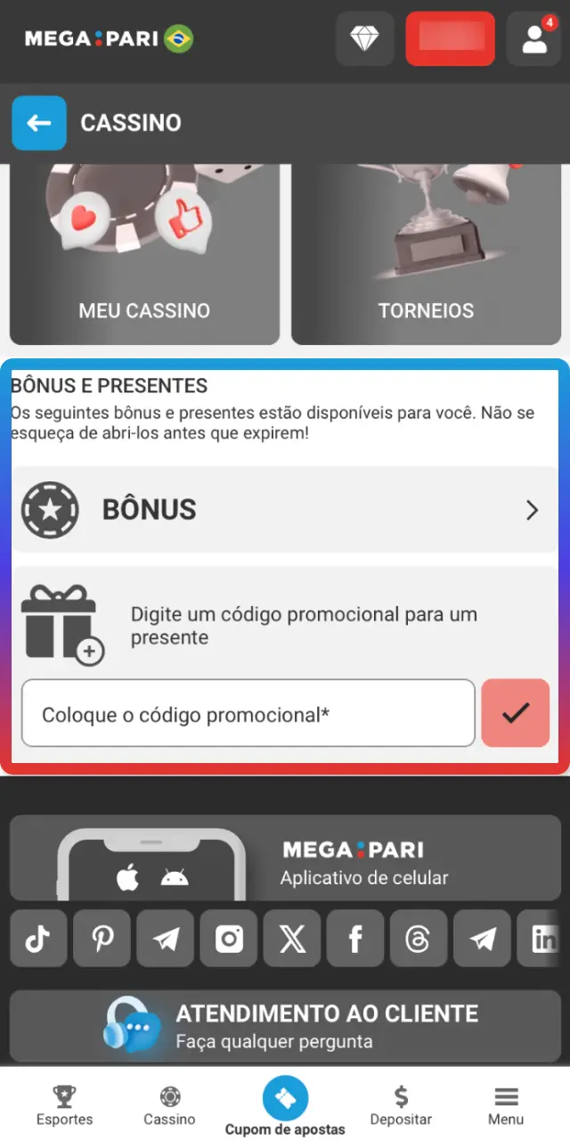 Selecione a oferta desejada na área de Promoções do MegaPari Brasil.