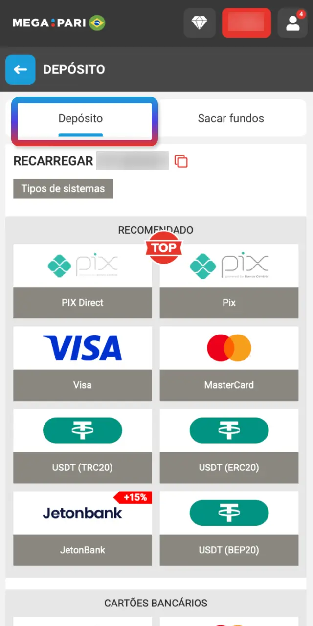 Toque em Slots no menu MegaPari Brasil e use busca, filtros de provedor e tema.