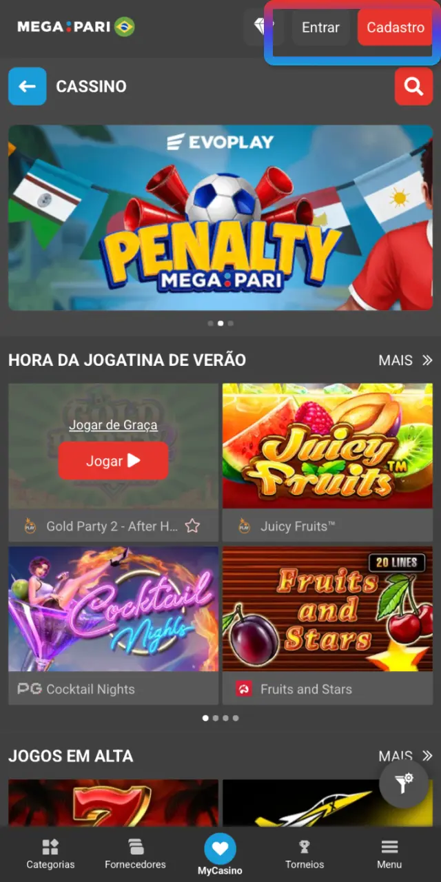 Acesse sua conta MegaPari Brasil usando e-mail e senha no site ou app.