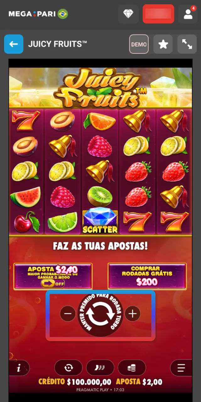 Acione rodadas grátis, compra de bônus e multiplicadores nos slots do MegaPari Brasil.