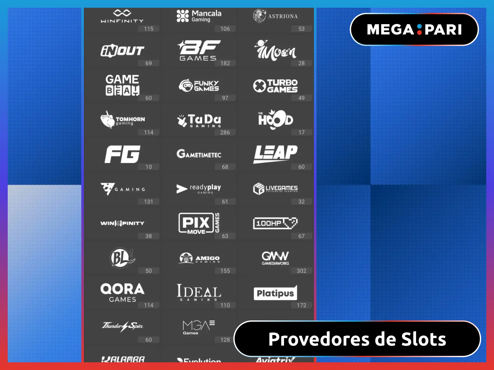 Provedores de slots no MegaPari Brasil incluindo Pragmatic Play e NetEnt.