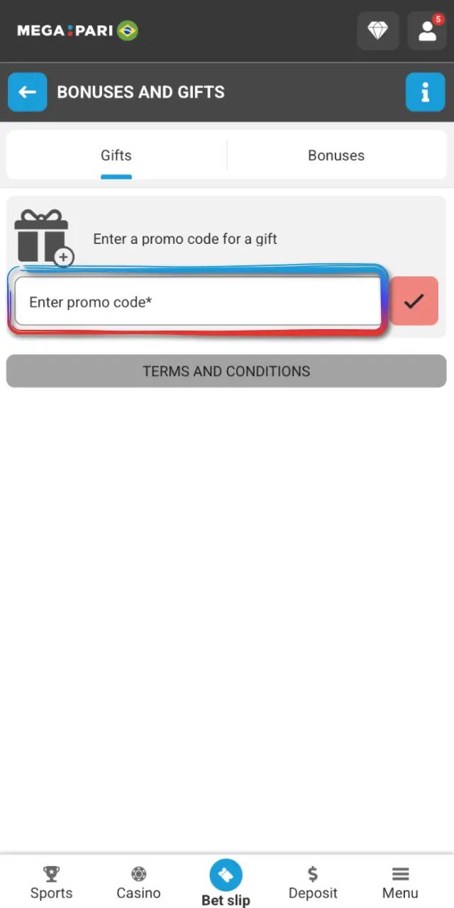 Choose the welcome package in the promotions area of MegaPari Brasil before depositing.