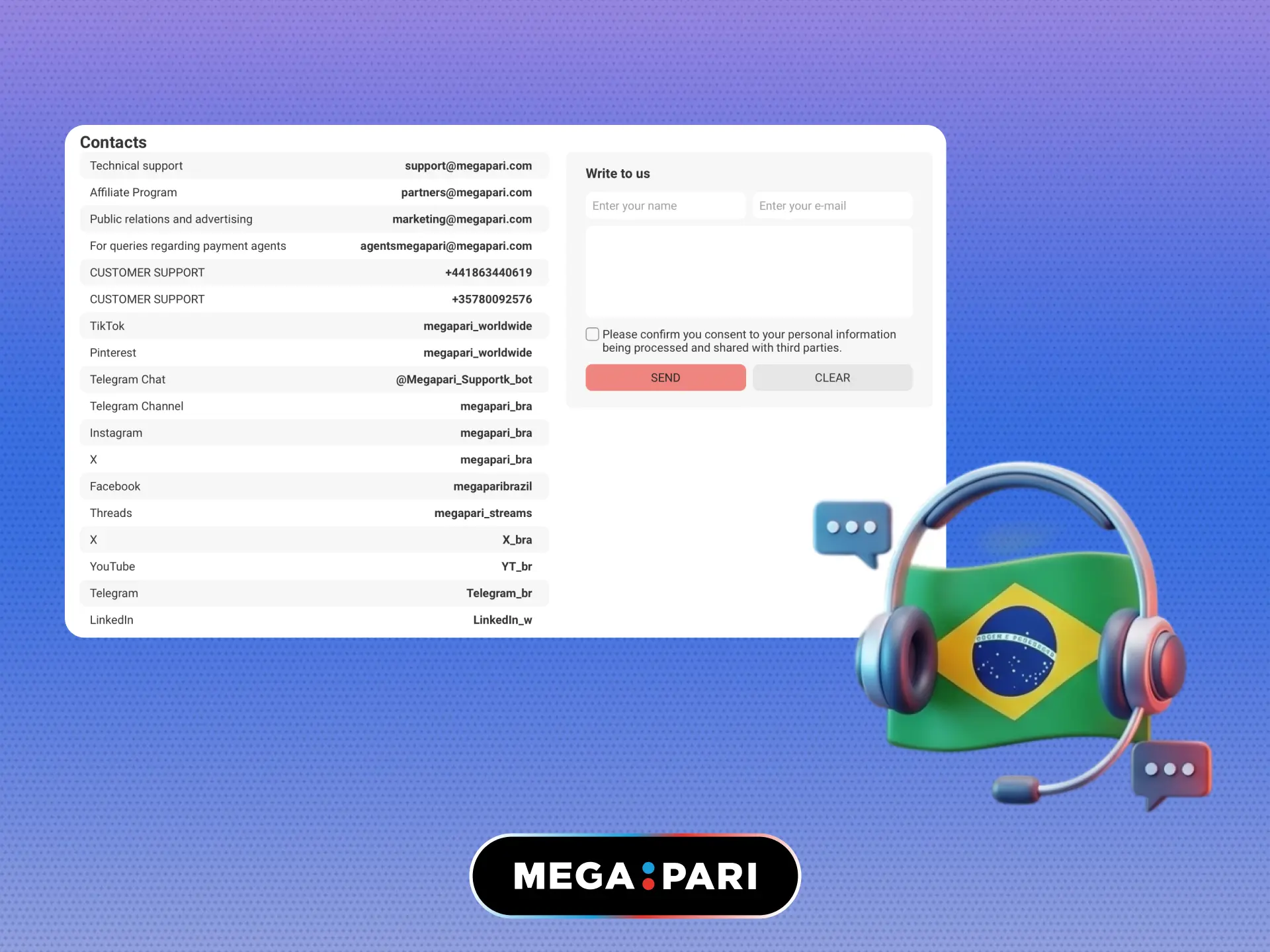 MegaPari customer support in Brazil available via live chat and email.