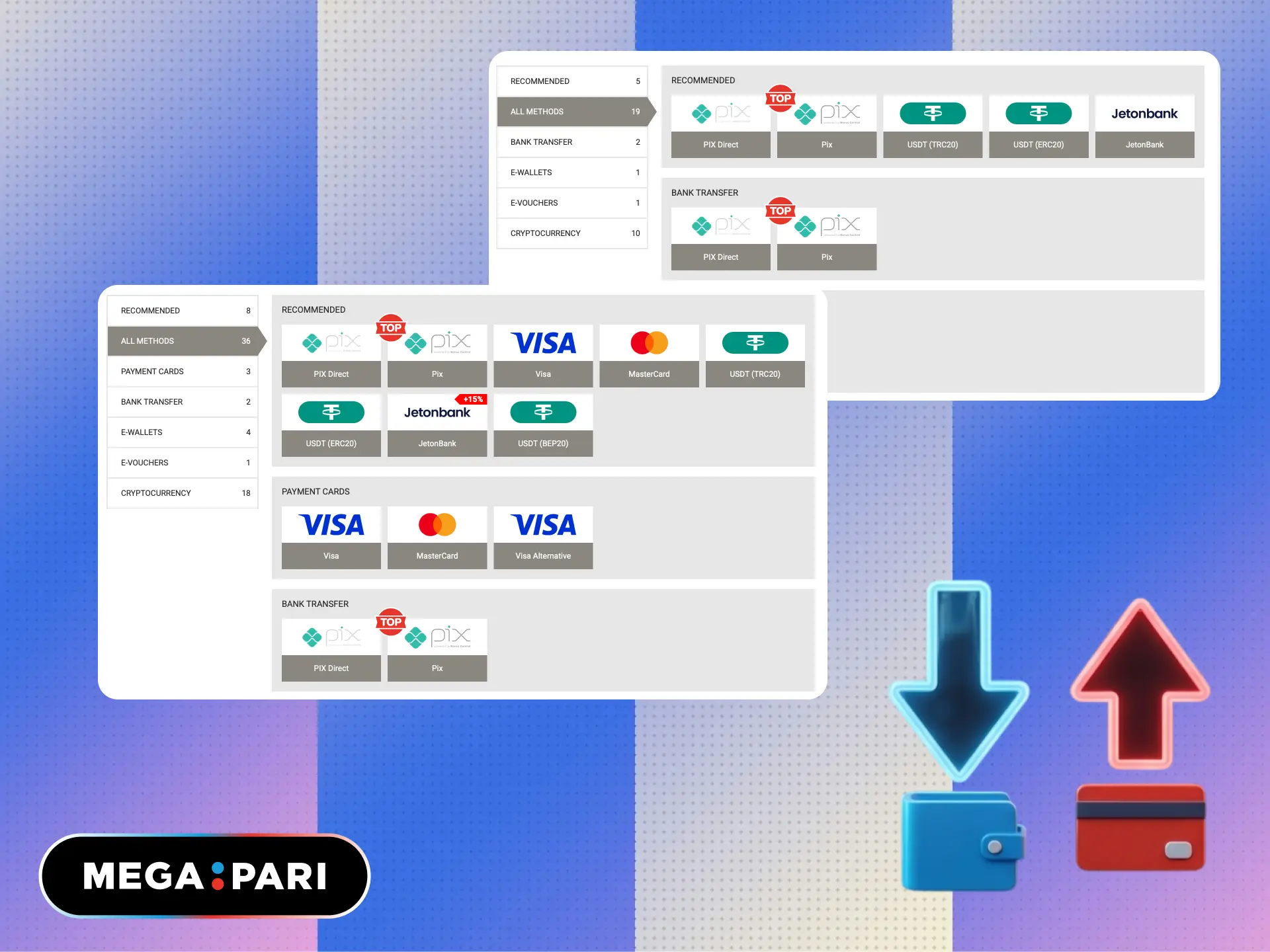 Deposit and withdrawal methods on MegaPari Brasil including Pix, AstroPay, and crypto.