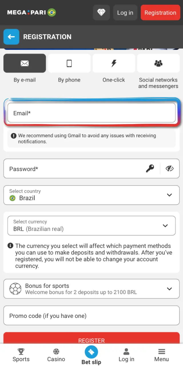 Fill in your email or phone number, create a password, and select BRL on MegaPari.