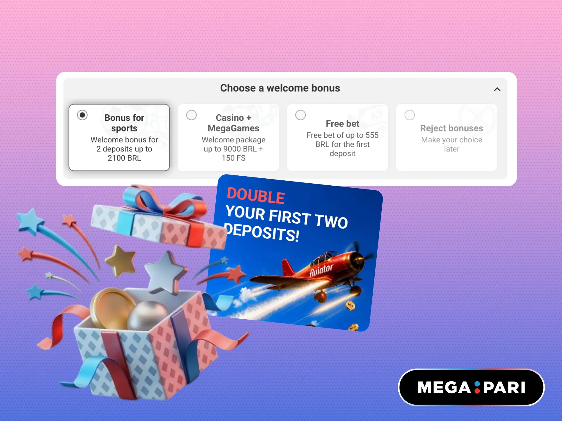 Welcome package on MegaPari Brasil worth up to 9150 BRL plus 150 free spins.