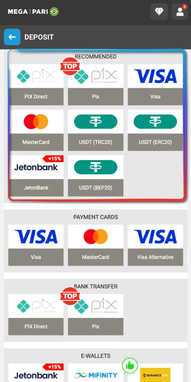 Select your preferred method and enter the amount on MegaPari Brasil.