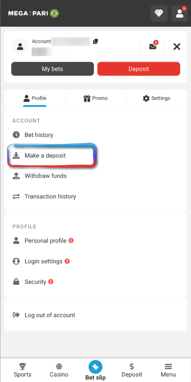Tap Deposit at the top of the MegaPari Brasil page to see the available options.