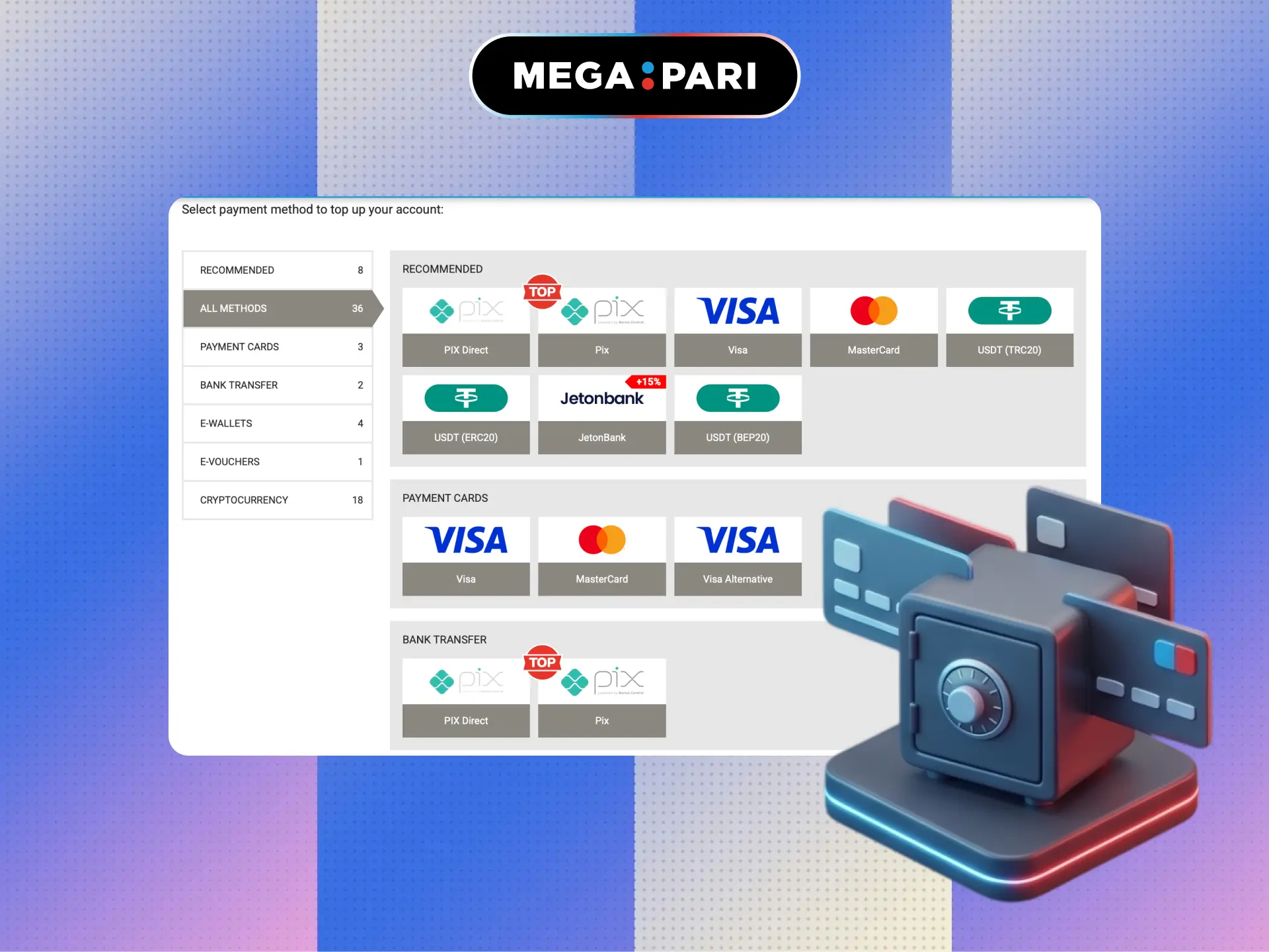 Popular deposit methods on MegaPari Brasil including Pix, card, and crypto.