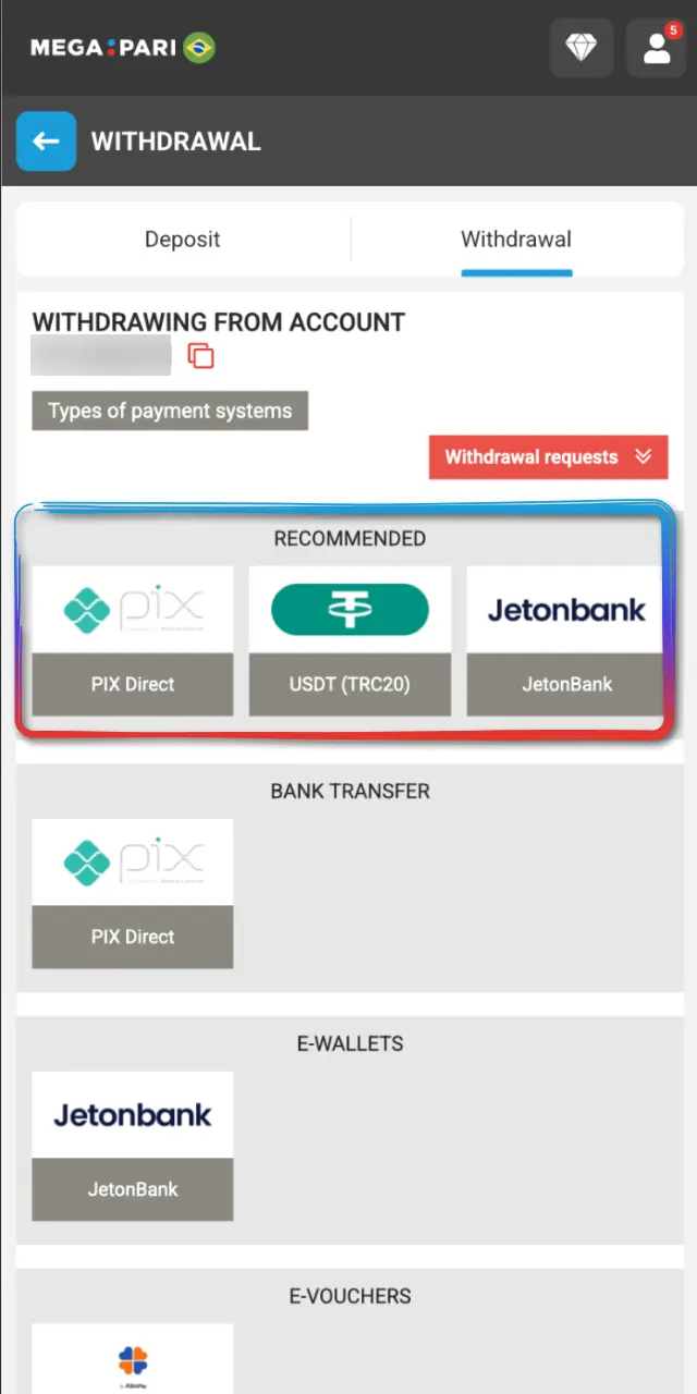 Choose the withdrawal method registered in your name on MegaPari Brasil.