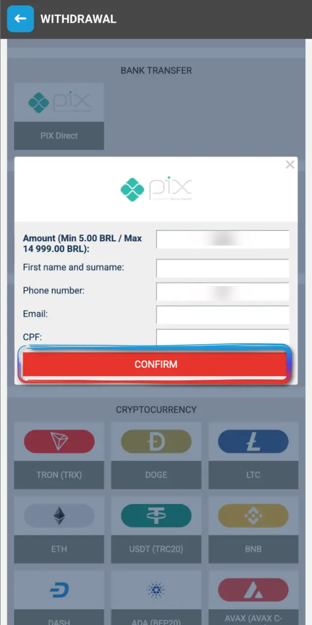 Confirm the withdrawal on MegaPari Brasil and see the status as Processing.
