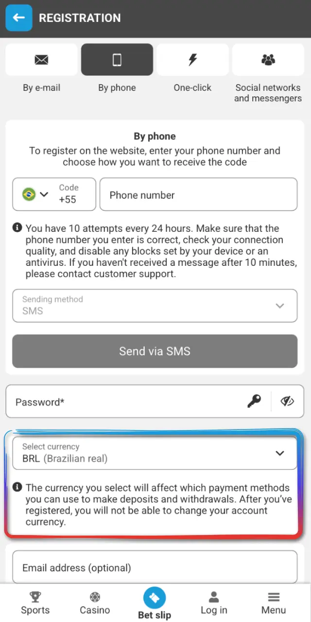 Set BRL currency, account limits, and accept the terms in the MegaPari app.