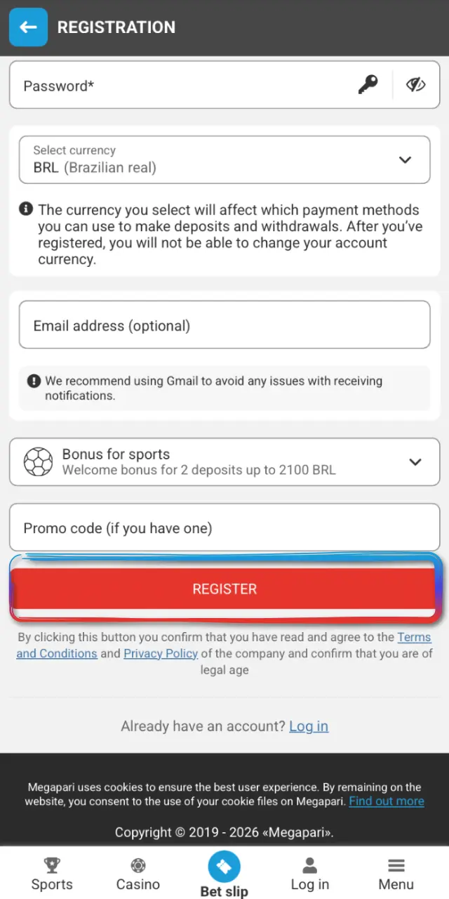 Validate email or SMS and log into the MegaPari Brasil app to start.