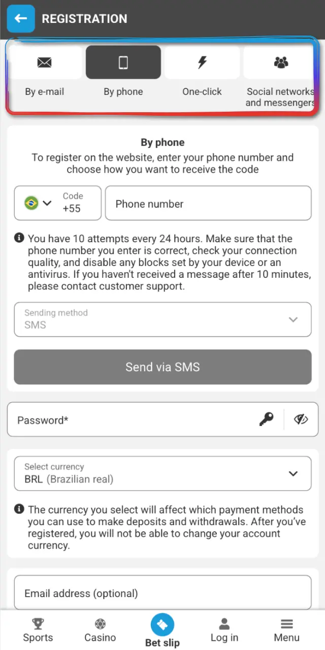 Select email, phone, social media, or quick registration in the MegaPari app.