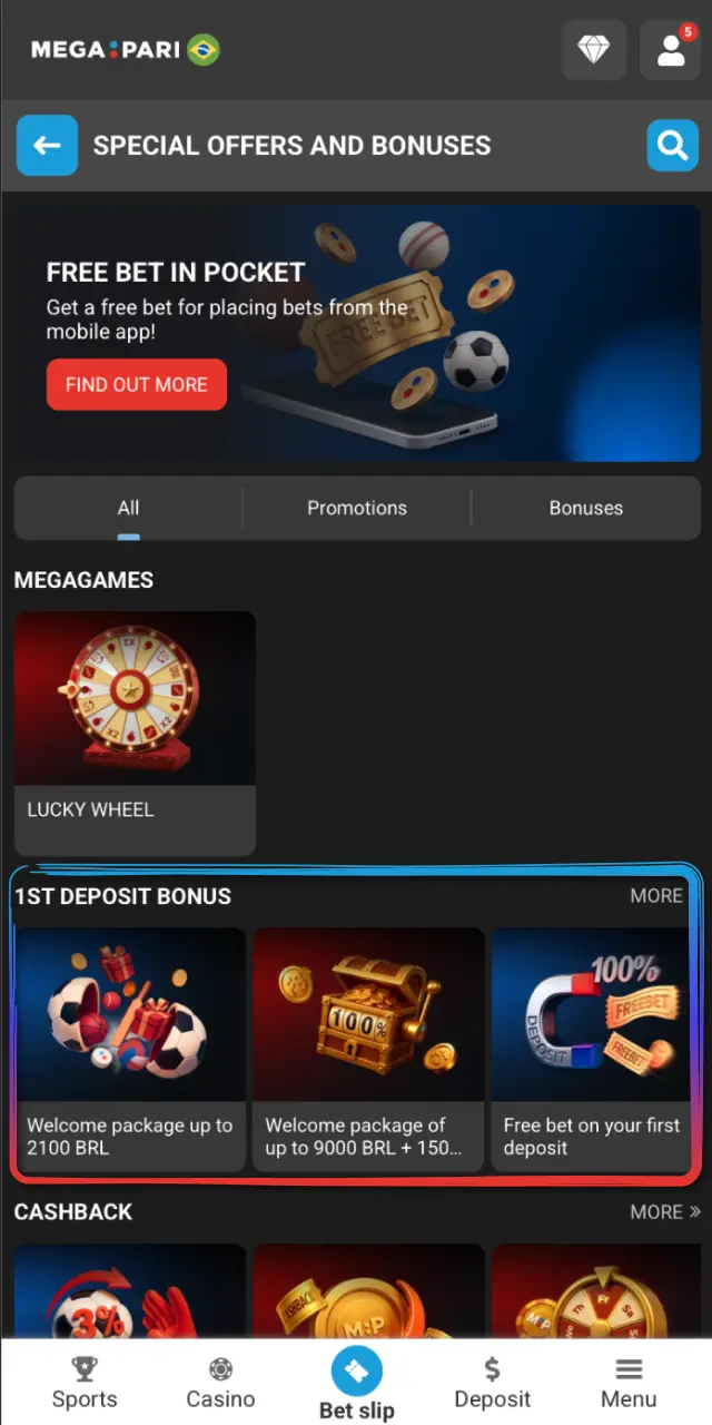 Check your bonus credit in your MegaPari Brasil wallet after depositing.