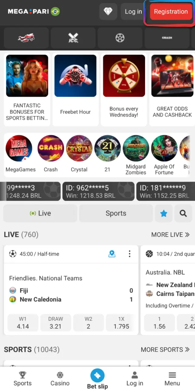 Tap Register on this MegaPari Brasil page to start the sign-up process.