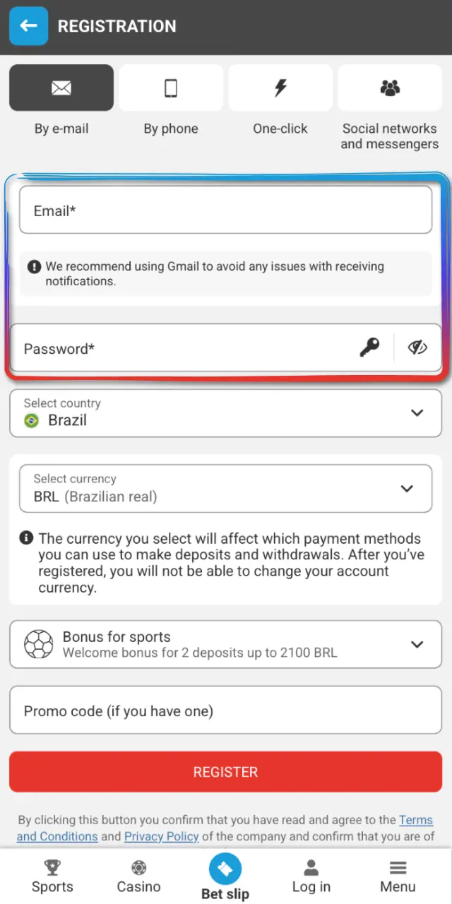 Enter your full name, date of birth, CPF, address, and password on MegaPari Brasil.