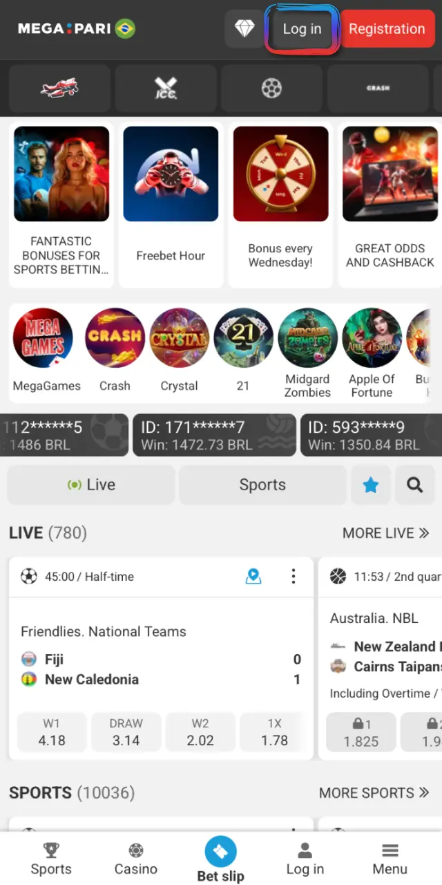 Tap Log In on this MegaPari Brasil page to access your account.