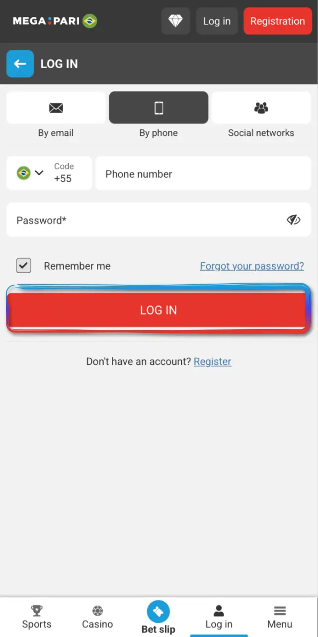 Tap Login to access your MegaPari Brasil account and start playing.