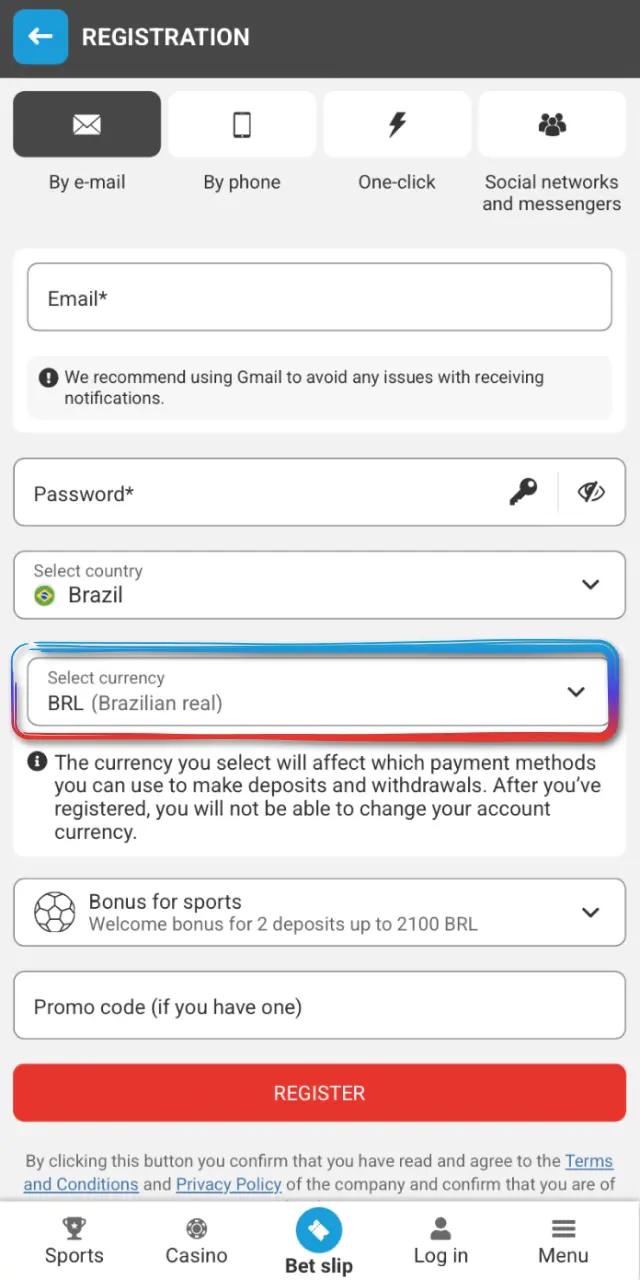 Select BRL, accept the terms, and enable communications on MegaPari Brasil.