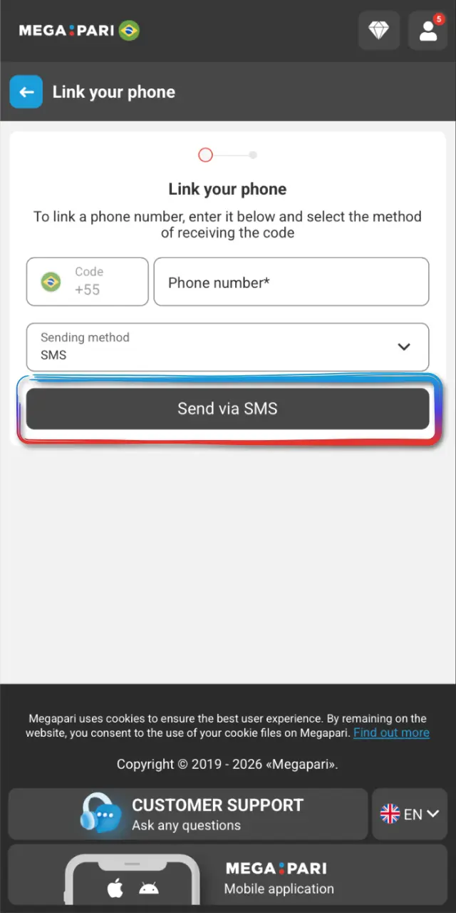 Confirm your email and phone in your MegaPari Brasil profile to start verification.