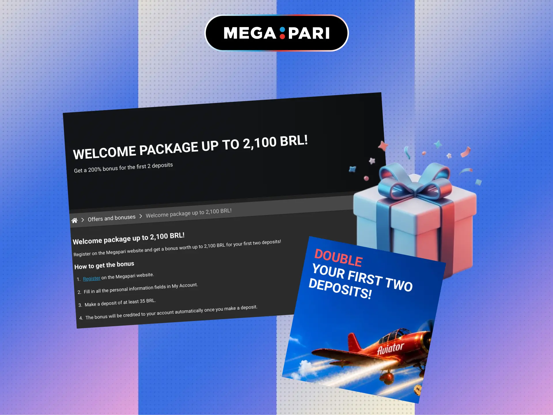 Welcome bonus after registration on MegaPari Brasil with extra funds for players.