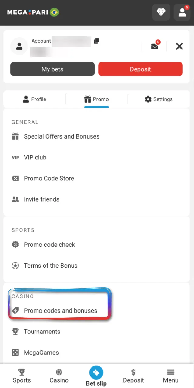 Select the desired offer in the Promotions area of MegaPari Brasil.