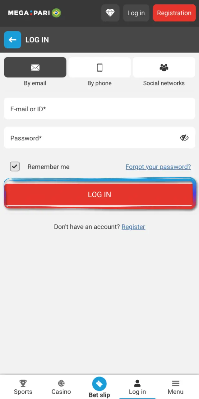 Access your MegaPari Brasil account using your email and password on site or app.