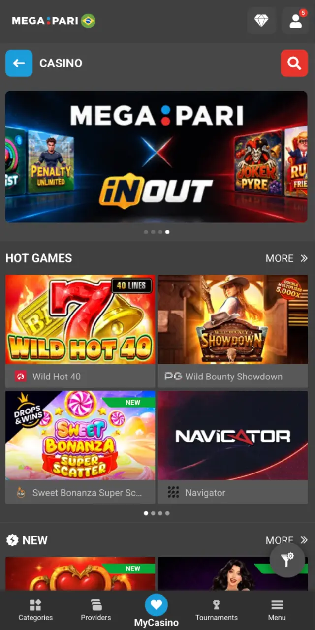 Tap Slots in the MegaPari Brasil menu and use search, provider, and theme filters.